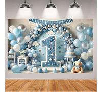 1st Happy Birthday Backdrop Blue Balloons Clouds Large Number 1 Text Design Newborn Boy Girl Birthday Party Decoration One Year Old Kids Cake Smash Decoration Studio Photo Props (A, 5X3FT)