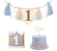 1st Happy Birthday Banner Decoration for Boys Girls 1st Birthday Highchair Banner Decorations with Birth Crown Hat Cake Topper for Newborn Shower Party Decor