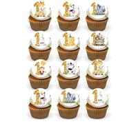 1st Happy Birthday Boys or Girls Jungle Safari Cake Decorations -24 Precut Edible Wafer Card Cup Cake Toppers