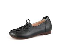 1st Layer Genuine Leather Single Shoe Women's Flat Bottomed Casual Shoes Deep Mouth Soft Soled Low Heel Comfortable Shoes AM024, Black, 6.5 US