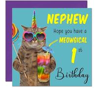 1st Nephew Birthday Card - Meowgical Cat Funny Nephew's Birthday Card for 1 Year old Kids Baby One, first