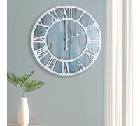 1st owned Wall Clock for Home Decor - 16 Inch Blue Wood Wall Clocks Battery Operated Nearly Silent Little Ticking Simple Minimalist Roman Numbers Clock Decorative for Bedrrom