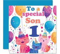 1st Son Birthday Card - Cute Cats Special Son - Happy 1st Birthday Card from Mum Dad, 145mm Age 1 Greeting Cards