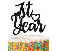 1st Year Cake Topper - Glitter Black First Birthday Cake Decorations, 1st Anniversary Cake Pick (Black)