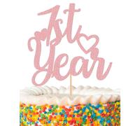 1st Year Cake Topper - Glitter Pink First Birthday Cake Decorations, 1st Anniversary Cake Pick (Pink)