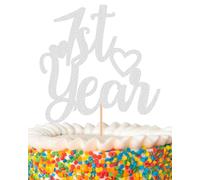 1st Year Cake Topper - Glitter Silver First Birthday Cake Decorations, 1st Anniversary Cake Pick (Silver)