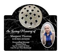 1stclassgifts Personalised Metal Grave Stone Marker Headstone Memorial Plaque, In Memory Sign Remembrance Your Photo Grave Vase Flower Holder (UV PRINTED) (Black Marble, Silver Lid)
