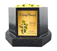 1stclassgifts Personalised Printed White or Black Memorial Rose Bowl Grave Marker Flower Pot Vase Cross Design With Printed Plate (UV PRINTED) (Black, Gold Lid/Gold Plate)