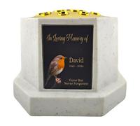 1stclassgifts Personalised Printed White or Black Memorial Rose Bowl Grave Marker Flower Pot Vase Robin Design (UV PRINTED) (White, Gold Lid/Black Plate)