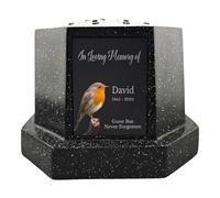1stclassgifts Personalised Printed White or Black Memorial Rose Bowl Grave Marker Flower Pot Vase Robin Design (UV PRINTED) (Silver Lid/Black Plate)