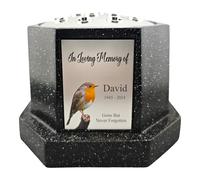 1stclassgifts Personalised Printed White or Black Memorial Rose Bowl Grave Marker Flower Pot Vase Robin Design (UV PRINTED) (Black, SIlver Lid/Silver Plate)