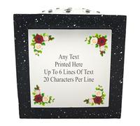 1stclassgifts Personalised Printed White or Black Stone Effect Memorial Rose Bowl Grave Marker Flower Pot Vase With Flower Design (UV PRINTED) (Black, Silver Lid/Silver Plate)