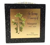 1stclassgifts Personalised Printed White or Black Stone Effect Memorial Rose Bowl Grave Marker Flower Pot Vase With Cross Design (UV PRINTED) (Black, Gold Lid/Gold Plate)