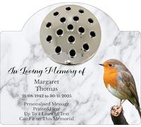 1stclassgifts Personalised Robin Design Metal Grave Stone Marker Headstone Memorial Plaque, In Memory Sign Remembrance Vase Flower Pot Grave (UV PRINTED) (White Marble, Silver Lid)