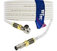 1STec 10m White Right Angled Gold Digital Coaxial Plug to Straight Male TV Extension Cable + Cable Clips (10 Metre, White)