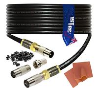 1STec 30m Shielded Digital TV Male to M/Female Gold Plated F-Connector Cable for FreeView HD Freesat BT YouView Satellite Dish or Rooftop Aerial to Wall Box Plug or Socket Lead (30 Metre, Black)