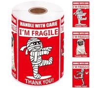 1step2dream 4x6 Inch Funny Fragile Stickers for Shipping & Moving - 100pcs Mummy & Dog Design, Permanent Adhesive, Handle with Care Labels for Packing Boxes Glass & Delicate Items