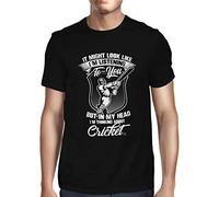 1Tee Mens I Might Look Like I'm Listening to You, but in My Head I'm Thinking About Cricket T-Shirt Black Large