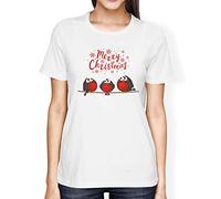 1Tee Womens Loose Fit Merry Christmas Red Robin Birds T-Shirt White Small