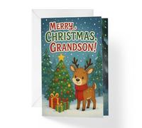 1Up Greetings Christmas Card for Grandson | Cute Reindeer Winter Wonderland| 5”x7.5 with Envelope | Made in USA