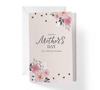 1Up Greetings Mothers Day Card For Like a Mom, Stepmom, Aunt, Godmother with Envelope | Pink and White Flowers with Hearts Happy Mother's Day to a Special Woman | 5”x7.5” | (Single Card)