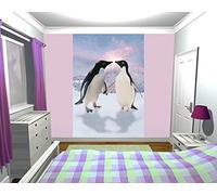 1Wall "Penguins in Love Wallpaper Mural, Wood, Black and White, 1.58 x 2.32 m