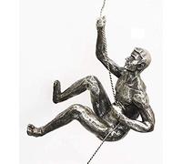 1x Antique Silver Climber Sculpture - Right Arm Up Pose Handmade Climbing Man with Wire Rope Hanging Wall Art Decor Figurine
