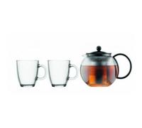 1x Bodum Assam Tea press with Two Glass Mugs Set and Black K-1805-01