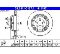 1X Brake disc ATE 24.0111-0187.1 for FORD USA EDGE 2 2015-2018