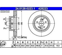 ATE Front Vented Brake Disc 24.0128-0223.1 - Fits Megane II, Clio III, Grand Scenic II (7701208130)