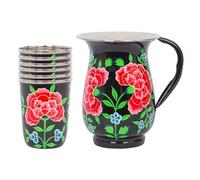 1x Carbon Peony 1.7L Hand-Painted Picnic Water Jug with 300ml Cups - Dinner Party Cocktail Juice Water Milk Pitcher Carafe - 6 Cups - by BillyCan