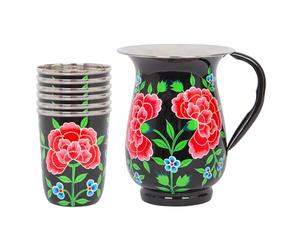1x Carbon Peony 1.7L Hand-Painted Picnic Water Jug with 300ml Cups - Dinner Party Cocktail Juice Water Milk Pitcher Carafe - 6 Cups - by BillyCan