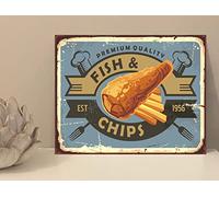 1x Fish & Chips Rustic Metal Plaque Sign Gift House Novelty (mt406) (200mm x 150mm)