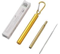 1x Foldable Reusable Stainless Steel Portable Metal Drinking Straws with Aluminum Key-Ring Case & Cleaning Brush Portable High-End for Travel, Home, Work (Black Straw + Gold Casing)