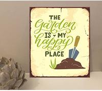 1x Garden Happy Place Quote Metal Plaque Sign Gift House Novelty (mt489) (200mm x 150mm)