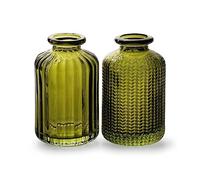 1x Green Glass Mini Bottle - Jazz, Dark Green Decorative Mini Bud Vase, Short Bottle Flower Vase, Wedding Table Centrepiece (Ribbed or Textured)