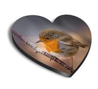 1x Heart MDF Magnet 6cm - European Robin Red Breast Bird England - Fridge Locker Office Whiteboard Toolbox #50843