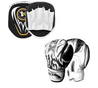1x Kids Boxing Gloves - 6oz Junior Training Mitts, Junior Punching Set with Focus Pads, Multi Layered Boxing Set for Punch Bag Kickboxing, MMA, Muay Thai Training, Sparring, Workout (Black/White)