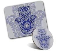 1x Mouse Mat & 1x Round Wooden Cork Coaster Hamsa Hand Om Ohm Indian Pattern Matching Set of Mouse Pad & Placemat for Coffee Tea Drinks Kitchen #58654
