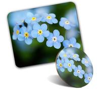1x Mouse Mat & 1x Round Wooden Cork Coaster Little Blue Forget-Me-Not Flowers Matching Set of Mouse Pad & Placemat for Coffee Tea Drinks Kitchen #51344