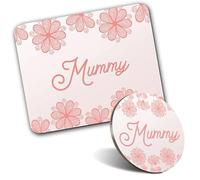 1x Mouse Mat & 1x Round Wooden Cork Coaster Mummy Flower Pink Illustration Matching Set of Mouse Pad & Placemat for Coffee Tea Drinks Kitchen #60034