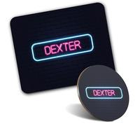 1x Mouse Mat & 1x Round Wooden Cork Coaster Neon Sign Design Dexter Name Matching Set of Mouse Pad & Placemat for Coffee Tea Drinks Kitchen #351847