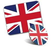 1x Mouse Mat & 1x Round Wooden Cork Coaster Oval Union Jack Travel England Flag Matching Set of Mouse Pad & Placemat for Coffee Tea Drinks Kitchen #56469