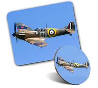 1x Mouse Mat & 1x Round Wooden Cork Coaster Supermarine Spitfire Fighter Aircraft Matching Set of Mouse Pad & Placemat for Coffee Tea Drinks Kitchen #52199
