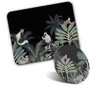 1x Mouse Mat & 1x Round Wooden Cork Coaster Tropical Monkey Lemur Forest Night Matching Set of Mouse Pad & Placemat for Coffee Tea Drinks Kitchen #52310