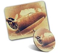 1x Mouse Mat & 1x Round Wooden Cork Coaster Vintage Retro Plane Jet Aviation Matching Set of Mouse Pad & Placemat for Coffee Tea Drinks Kitchen #52380