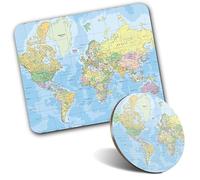 1x Mouse Mat & 1x Round Wooden Cork Coaster World Map Globe Earth Matching Set of Mouse Pad & Placemat for Coffee Tea Drinks Kitchen #170942