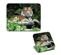 1x Mouse Mat & 1x Square Wooden Cork Coaster Bengal Tiger Big Cat Wild Animal Matching Set of Mouse Pad & Placemat for Coffee Tea Drinks Kitchen #50238