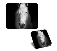 1x Mouse Mat & 1x Square Wooden Cork Coaster Black & White Horse Portrait Matching Set of Mouse Pad & Placemat for Coffee Tea Drinks Kitchen #63025