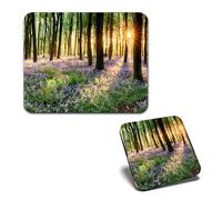 1x Mouse Mat & 1x Square Wooden Cork Coaster Bluebell Forest Flowers Woods Matching Set of Mouse Pad & Placemat for Coffee Tea Drinks Kitchen #50346
